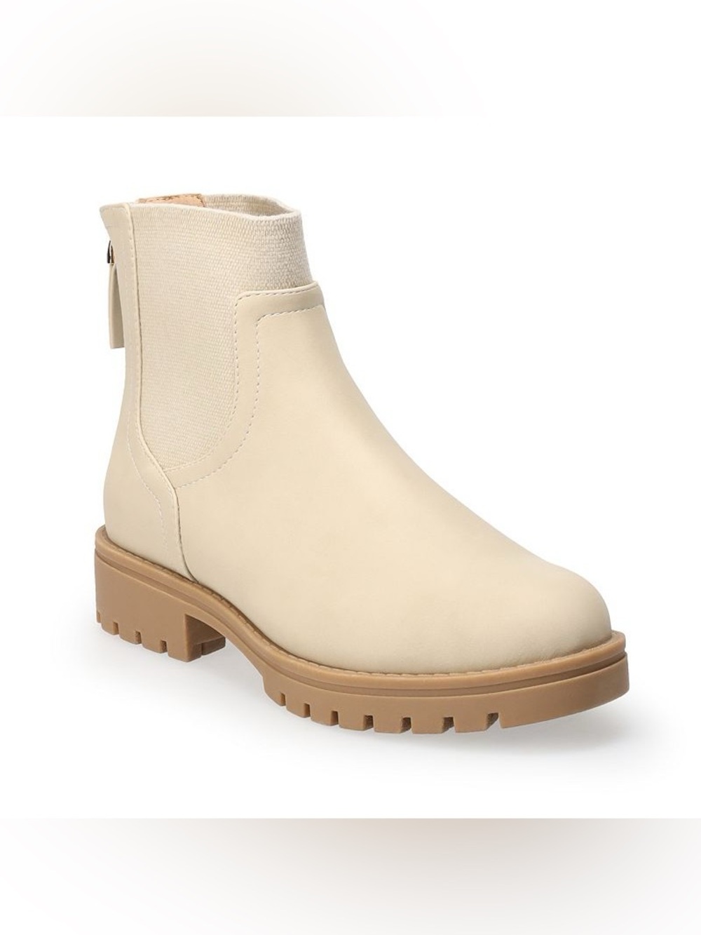 LC Lauren Conrad Cream Chelsea Lug Ankle Boot with Tan Sole
